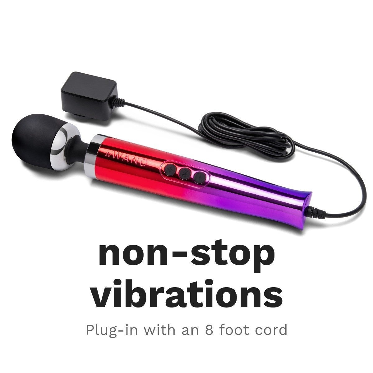 Sexual product with a cord on a white background, labeled 'non-stop vibrations'.