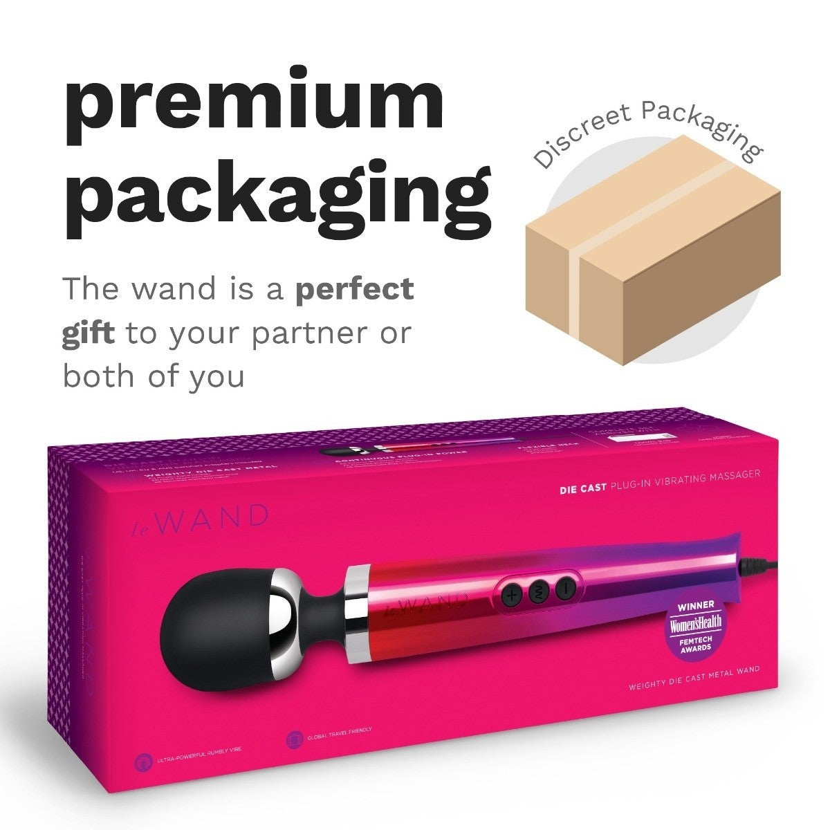 Product packaging with a pink box featuring a black and silver wand, text about premium packaging, and discreet packaging illustration.