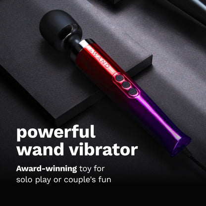 Purple and red wand vibrator on a dark surface with text describing its use.