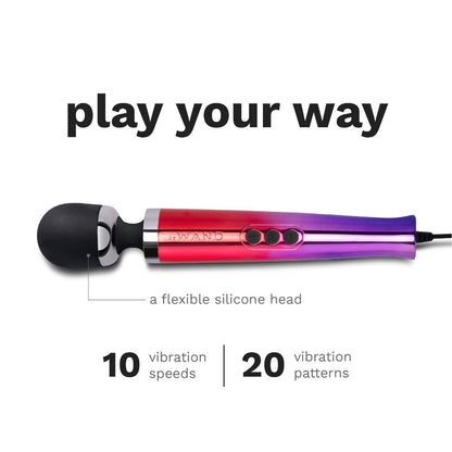 Colorful electronic device with gradient design on a white background, featuring text about vibration speeds and patterns.