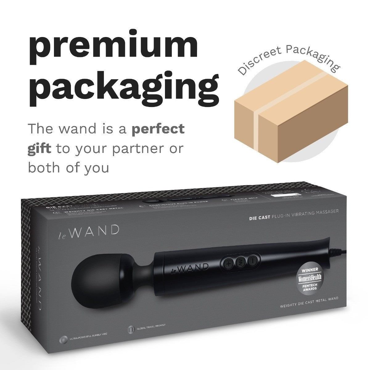 LeWAND product packaging with premium packaging text and discreet packaging illustration.