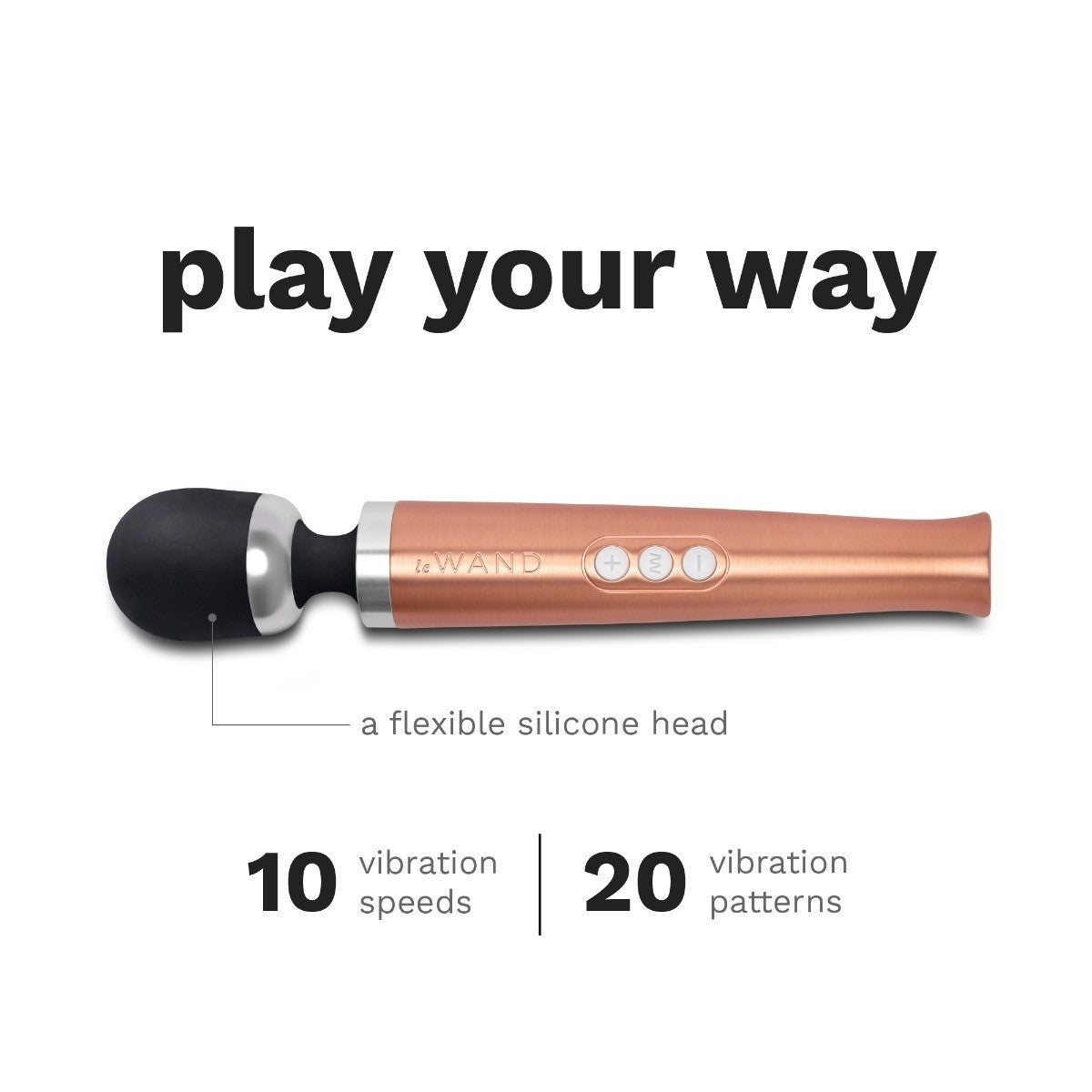 Sexual product with rose gold handle and black silicone head on a white background, featuring text about vibration speeds and patterns.