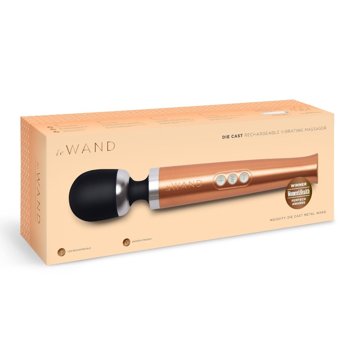 Box packaging of a die-cast rechargeable vibrating wand on a white background