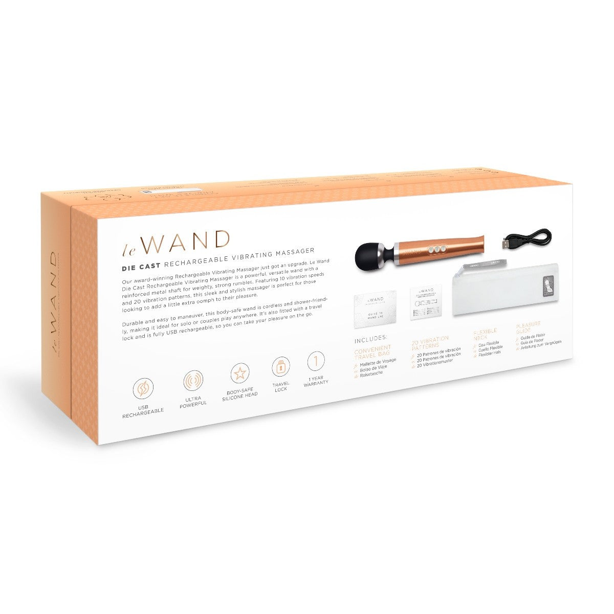 Box packaging of a rechargeable vibrating massager with branding and product details.