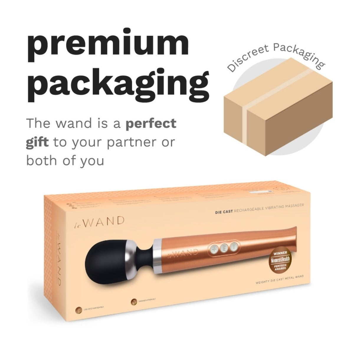 Product packaging with a wand-like device and text about premium packaging and discreet shipping.