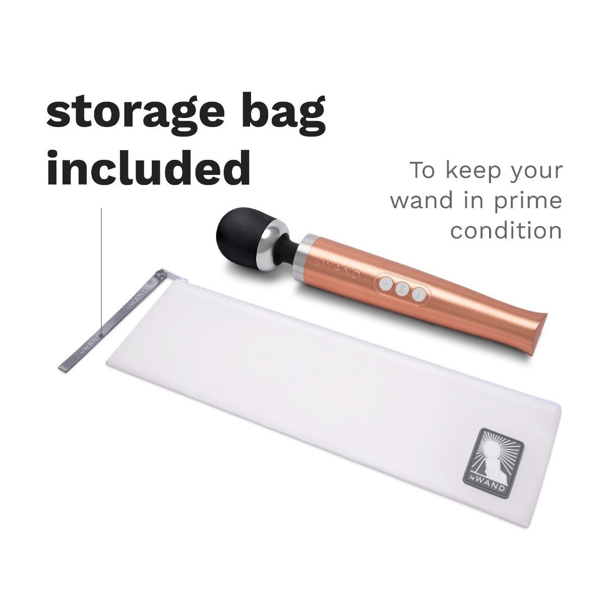 Rose gold Wand device with a storage bag on a white background