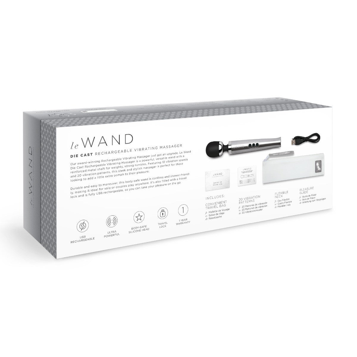 Le Wand rechargeable vibrating massage wand packaging on a white background