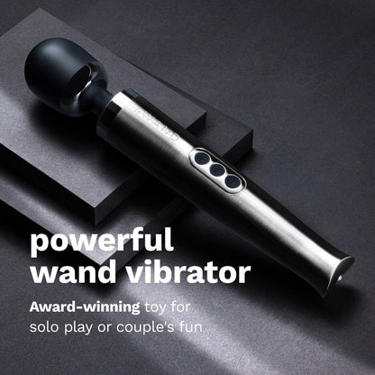 Black and silver wand vibrator on a dark background with text highlighting its features.