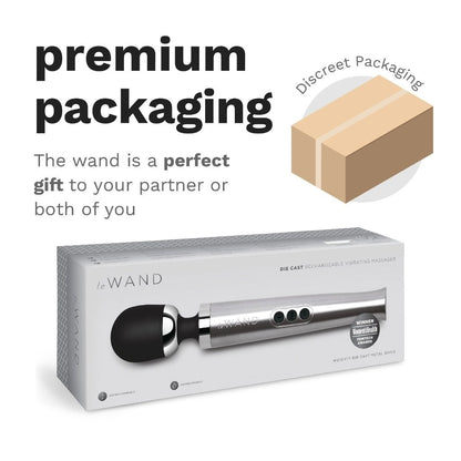 Product packaging with text 'premium packaging' and 'discreet packaging', showing a black and silver device.