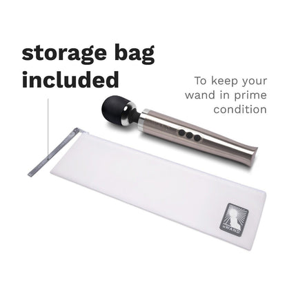 Black and silver handheld device with a white storage bag on a white background, featuring text about a storage bag included.
