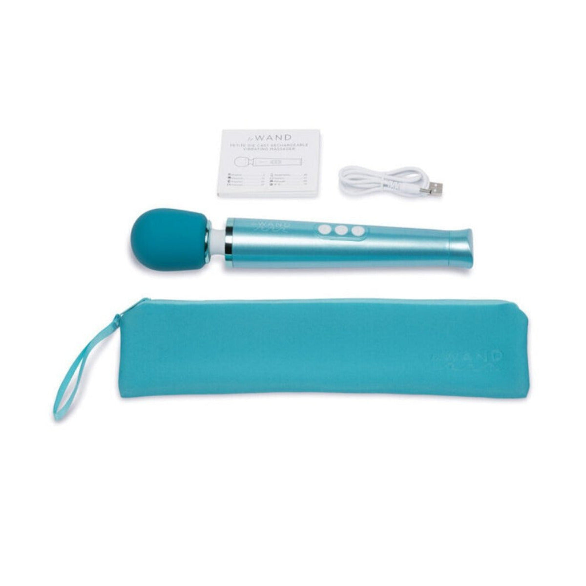 Turquoise handheld massager with charging cable and pouch on a white background