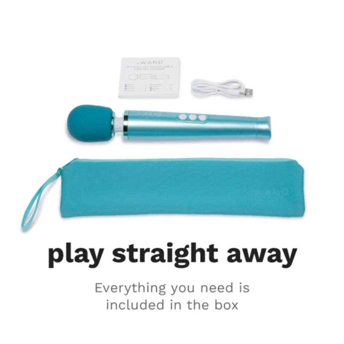 Turquoise electronic device with carrying case, USB cable, and manual on a white background.