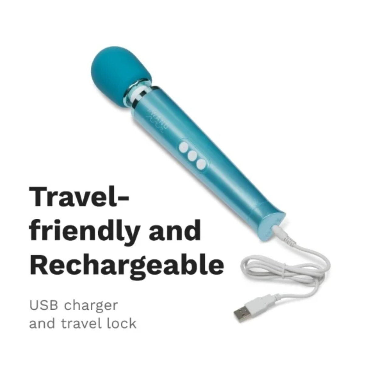 Blue travel-friendly and rechargeable USB charger on a white background