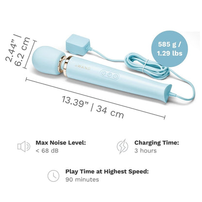 Light blue sex toy with measurements, weight, and specifications on a white background