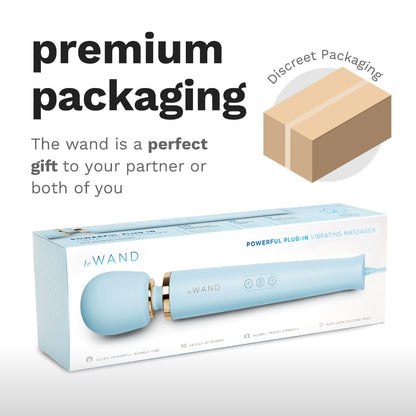 Package of a blue handheld device with text about premium packaging and discreet delivery.