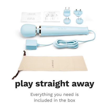 Blue handheld device with accessories on a white background