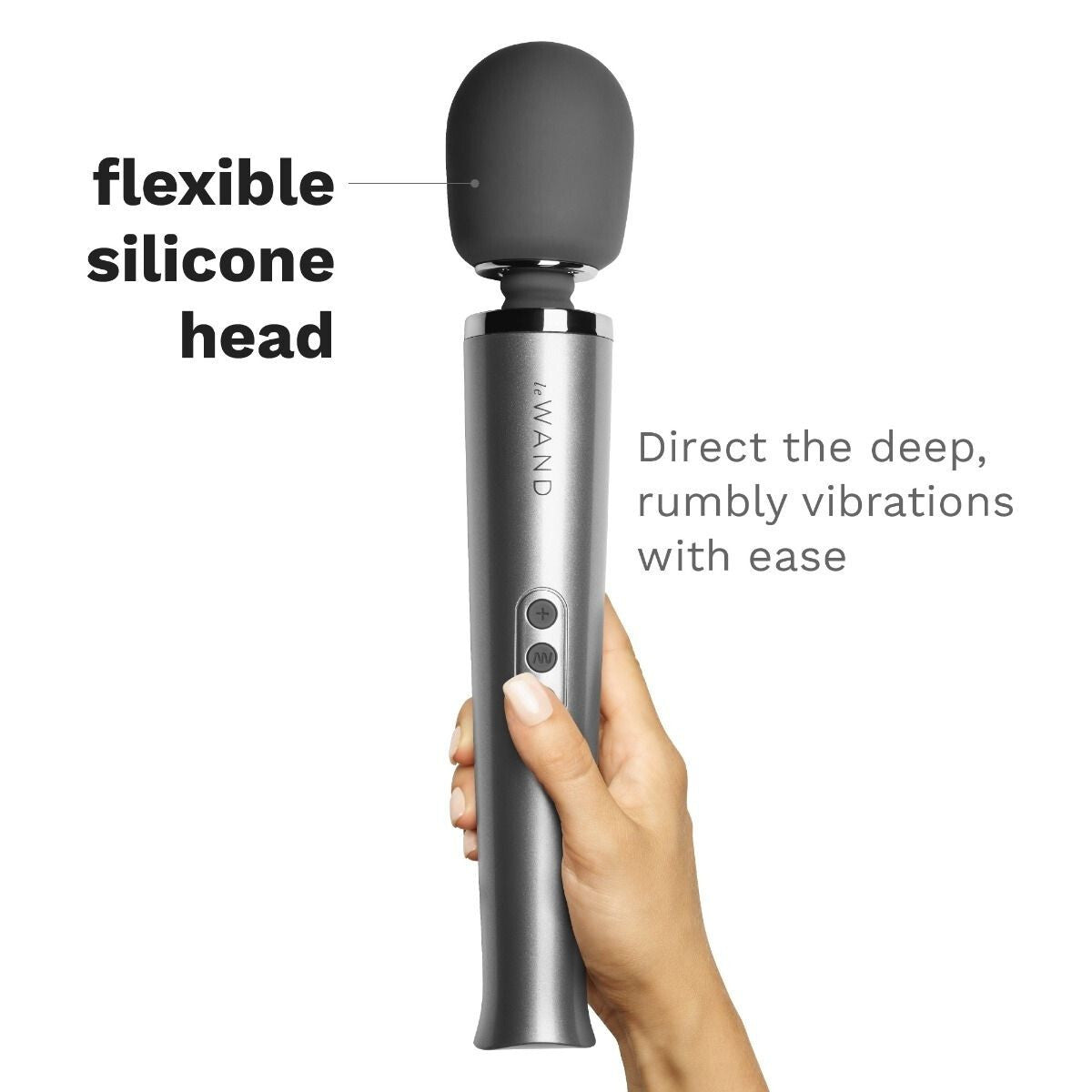 Silver Wand massager with flexible silicone head held by a hand on a white background