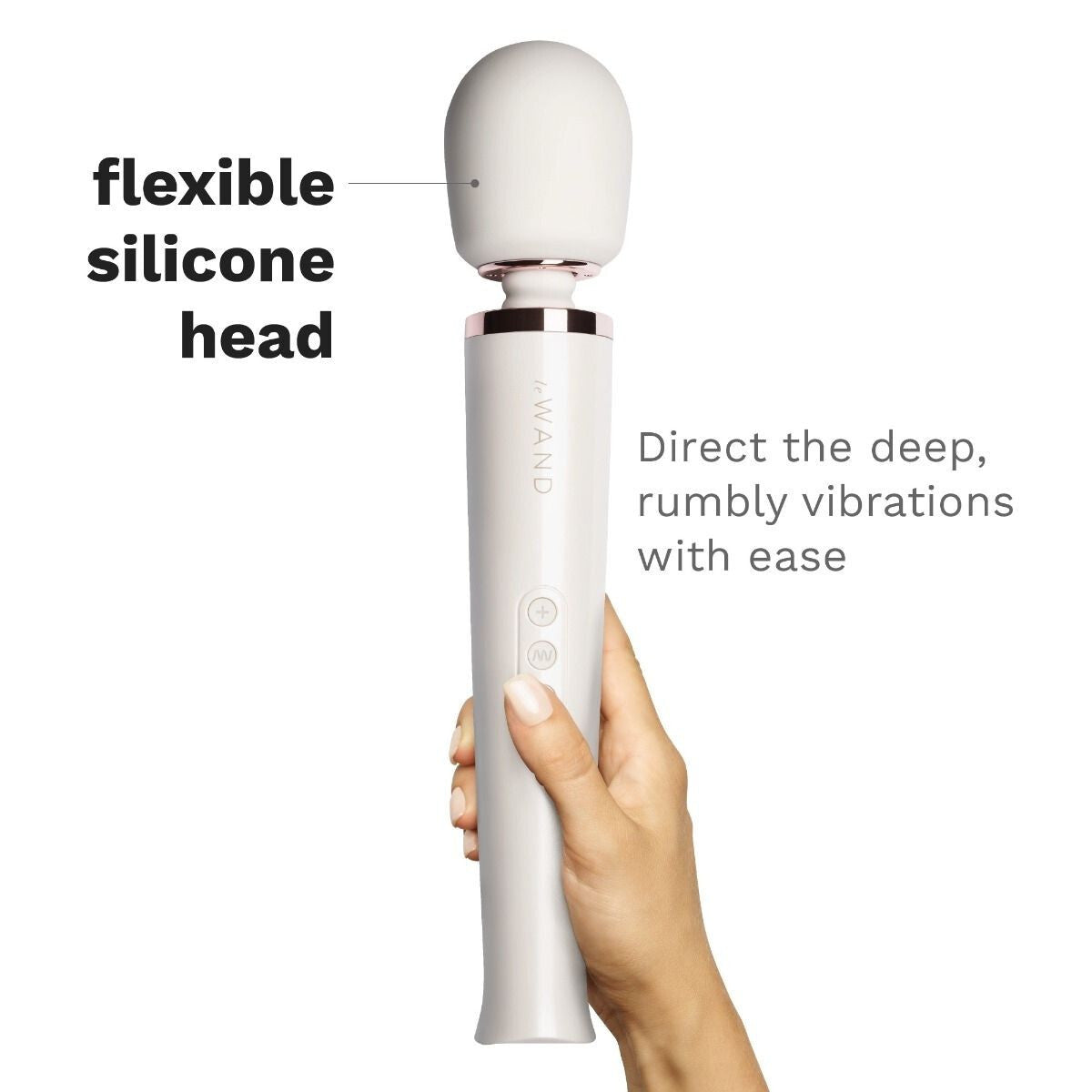White handheld electronic device with a flexible silicone head, held by a hand on a white background.