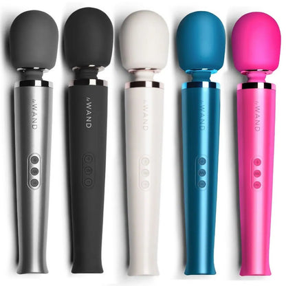 Five colorful handheld massagers with 'Le WAND' branding on a white background