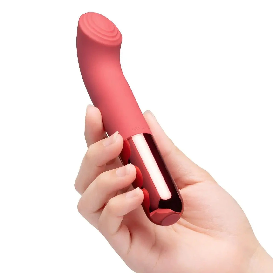 Red handheld G-spot massage device held in a hand against a white background