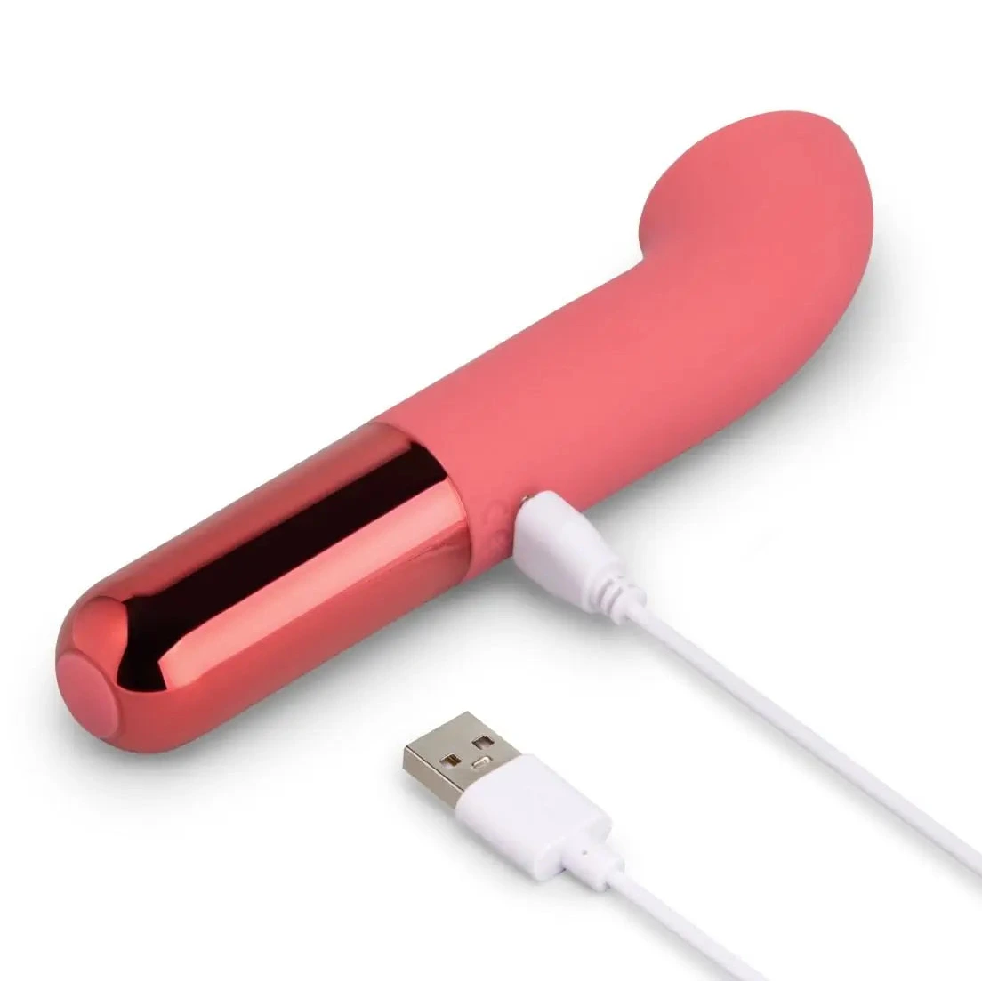 Red USB device with a white cable on a white background