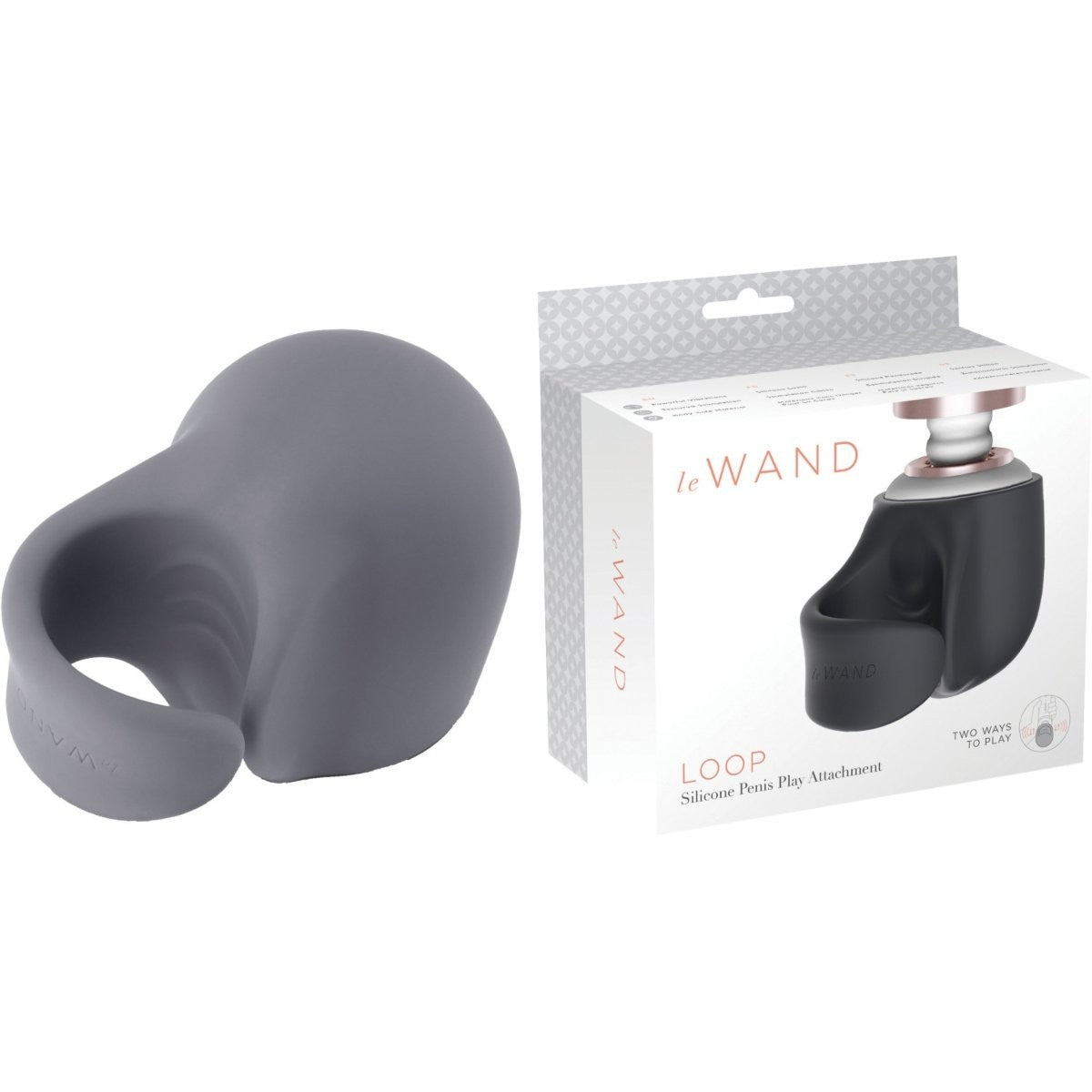 Gray silicone penis sheath with packaging on a white background