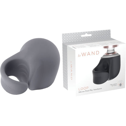 Gray silicone penis sheath with packaging on a white background