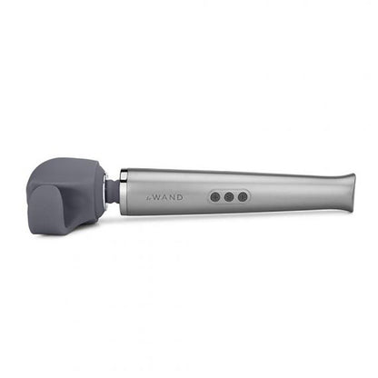 Silver and gray handheld wand vibrator on a white background