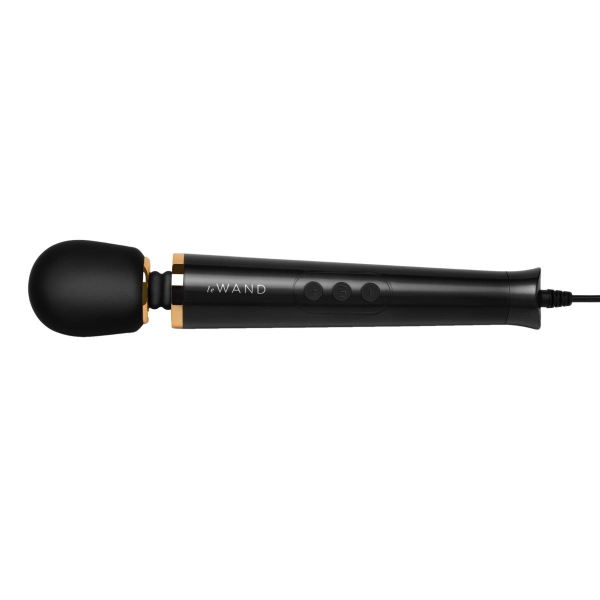 Black massage wand vibrator with gold accents on a white background
