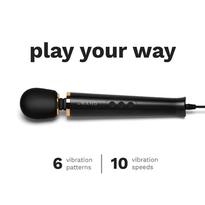 Black handheld electronic device with text indicating vibration patterns and speeds on a white background