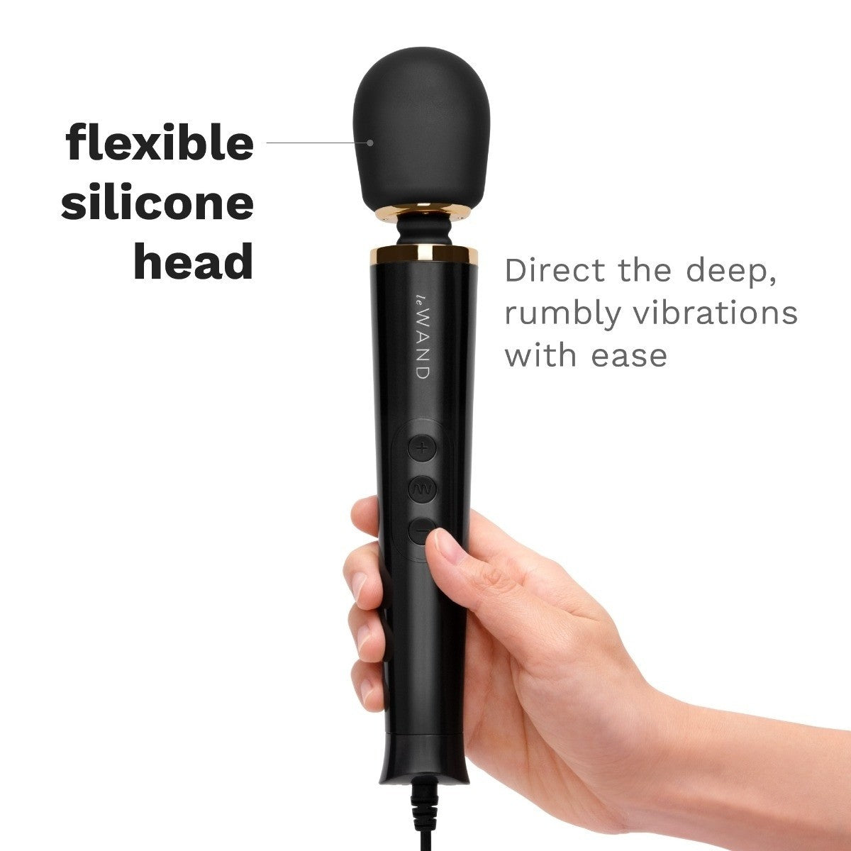 Black handheld device with flexible silicone head held by a hand, labeled 'Le WAND'.