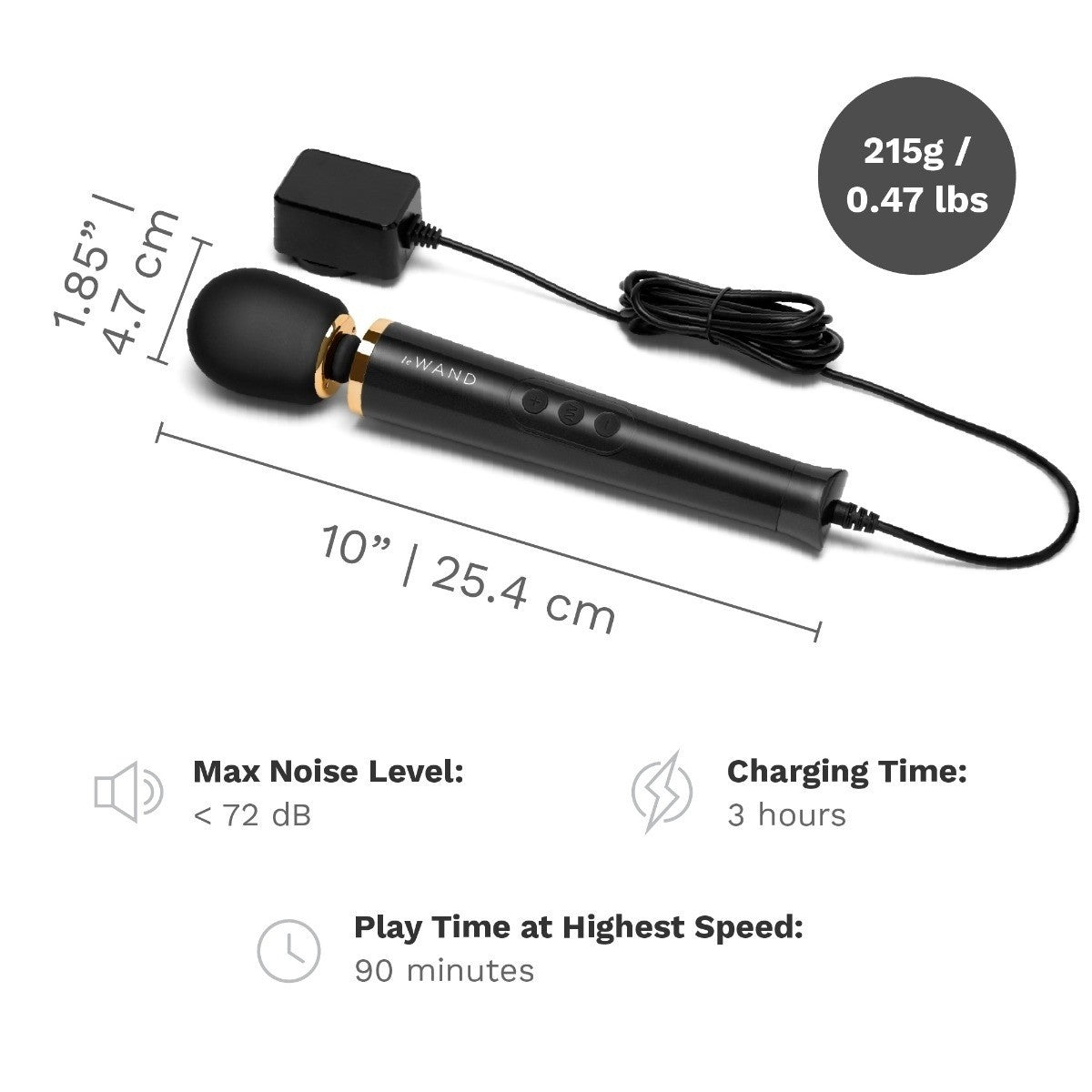 Black handheld device with charging cable, measurements, and specifications on a white background