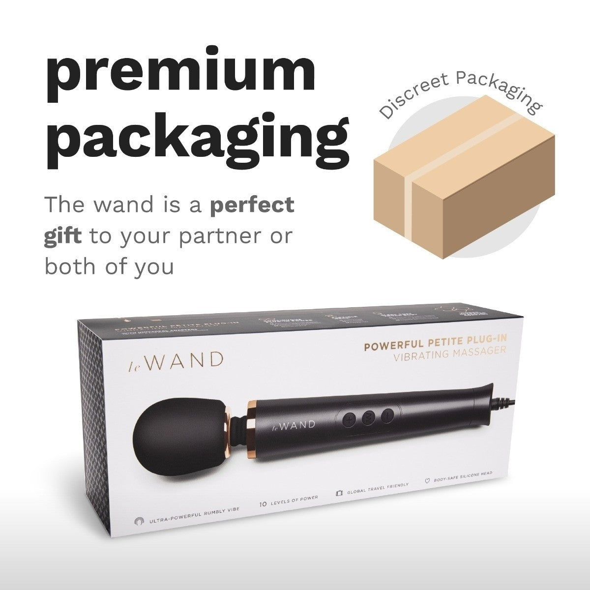 Product packaging of a 'Le WAND' with text about premium packaging and discreet shipping.