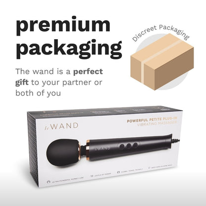Product packaging of a 'Le WAND' with text about premium packaging and discreet shipping.