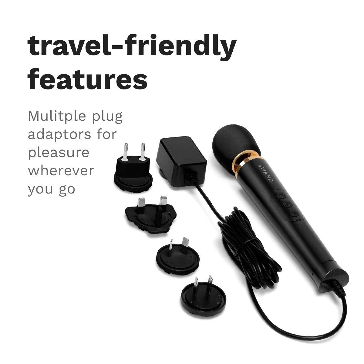 Black handheld device with multiple plug adaptors on a white background, labeled 'travel-friendly features'.