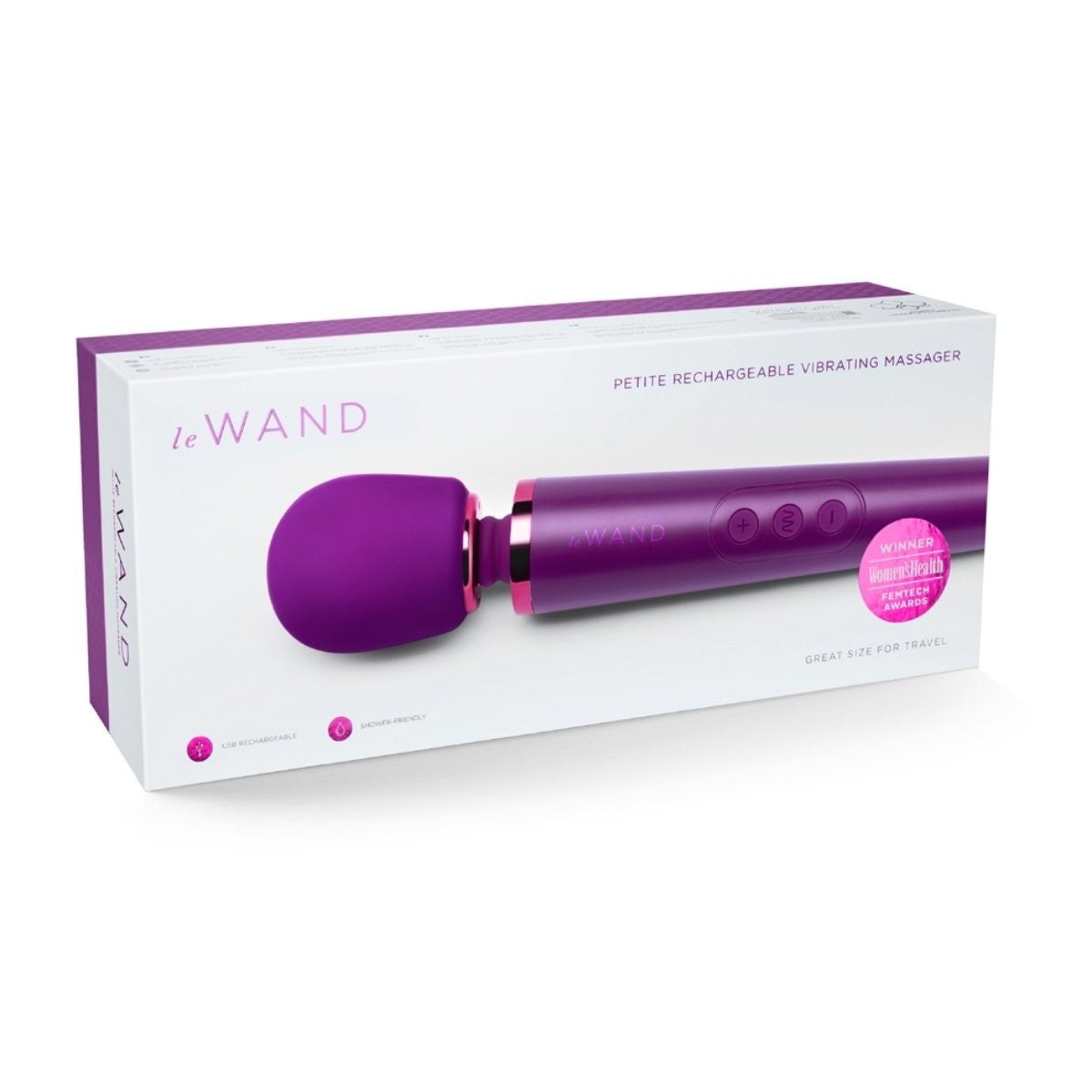 Purple and pink 'Le Wand' petite rechargeable vibrating massager in packaging on a white background