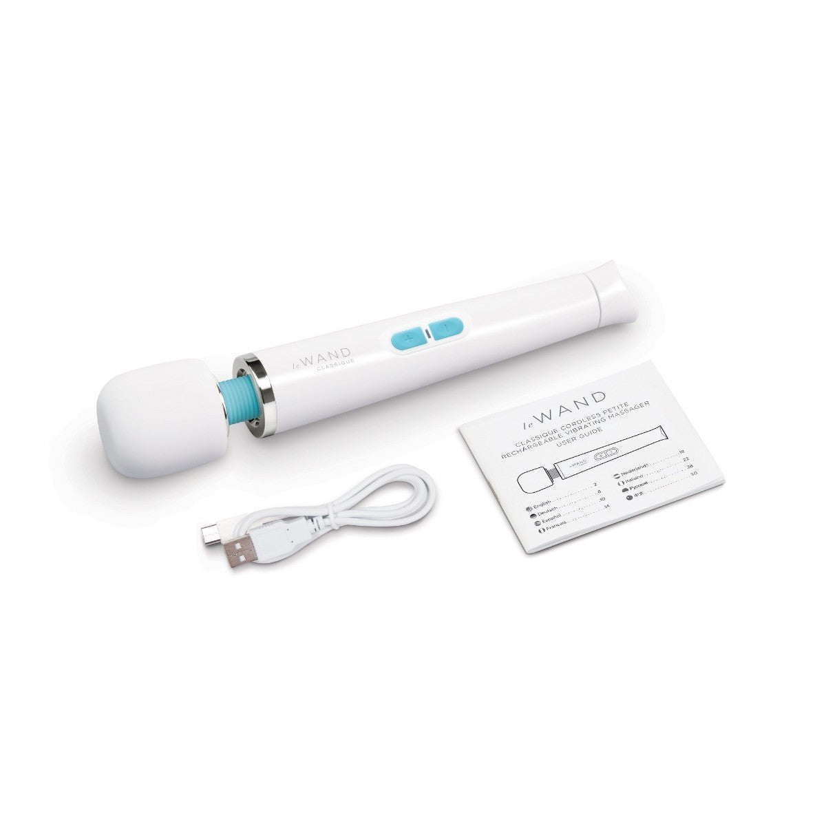 White electronic massage wand with blue accents, USB cable, and user manual on a white background