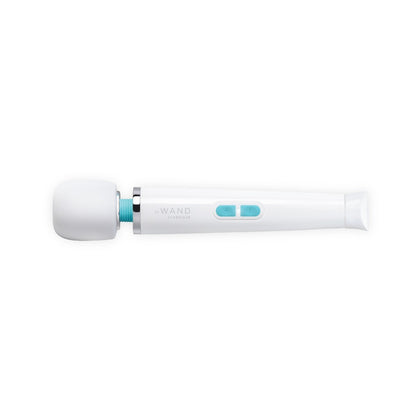 White handheld device with blue accents on a white background