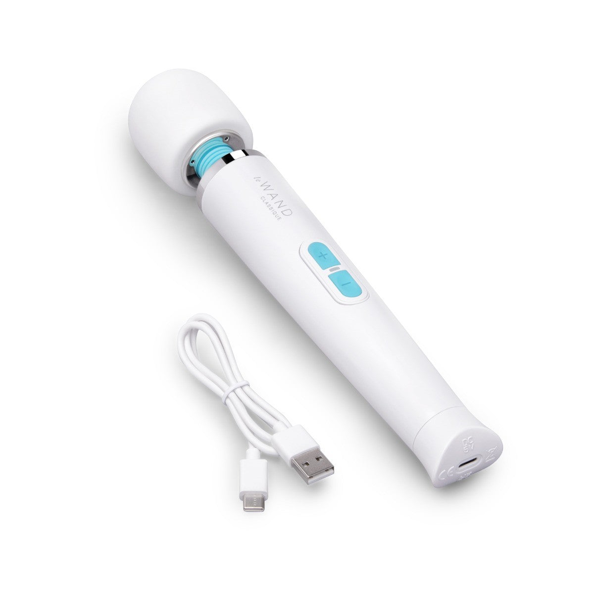 White electronic vibrator with blue accents and charging cable on a white background