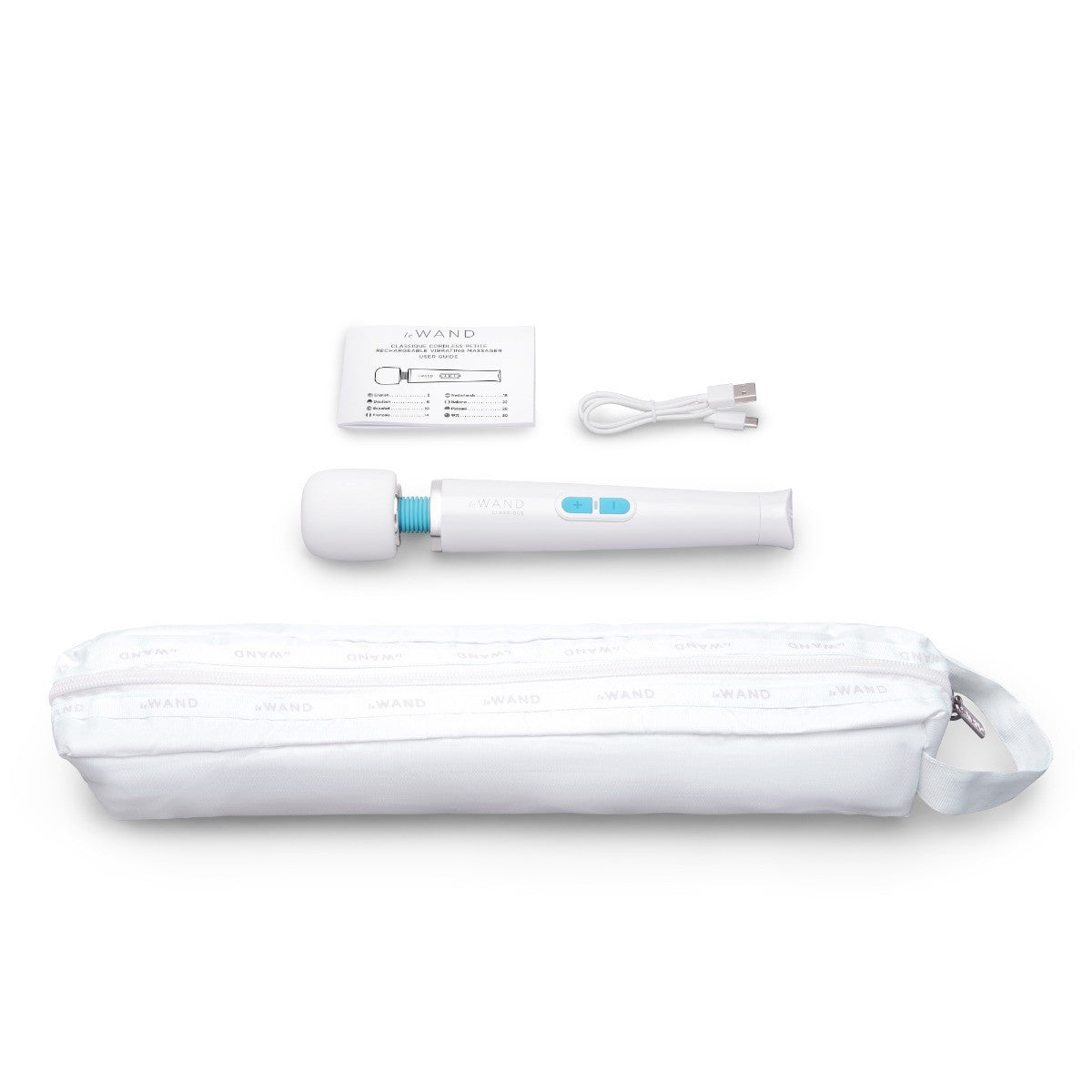 White electronic device with blue accents, packaging, and cable on a white background