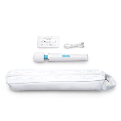 White electronic device with blue accents, packaging, and cable on a white background
