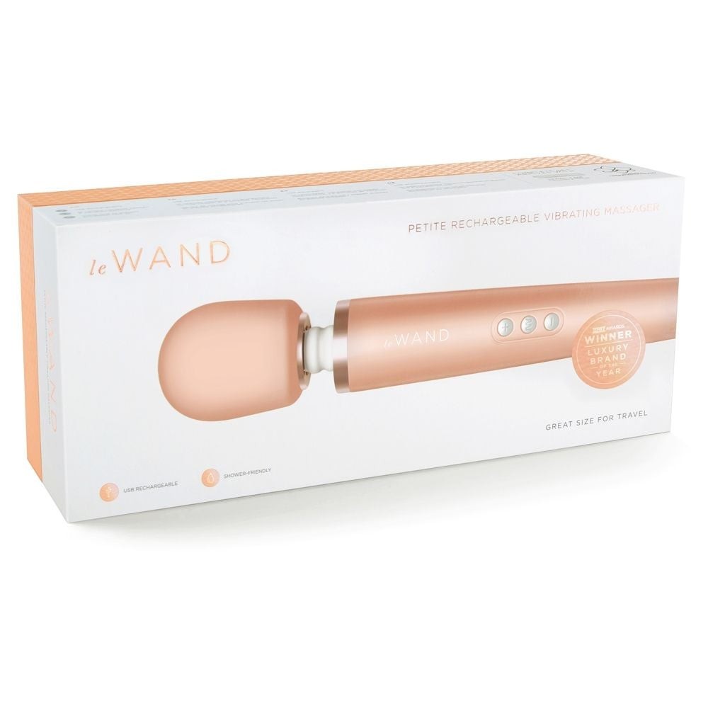 Le Wand petite rechargeable vibrator in packaging on a white background