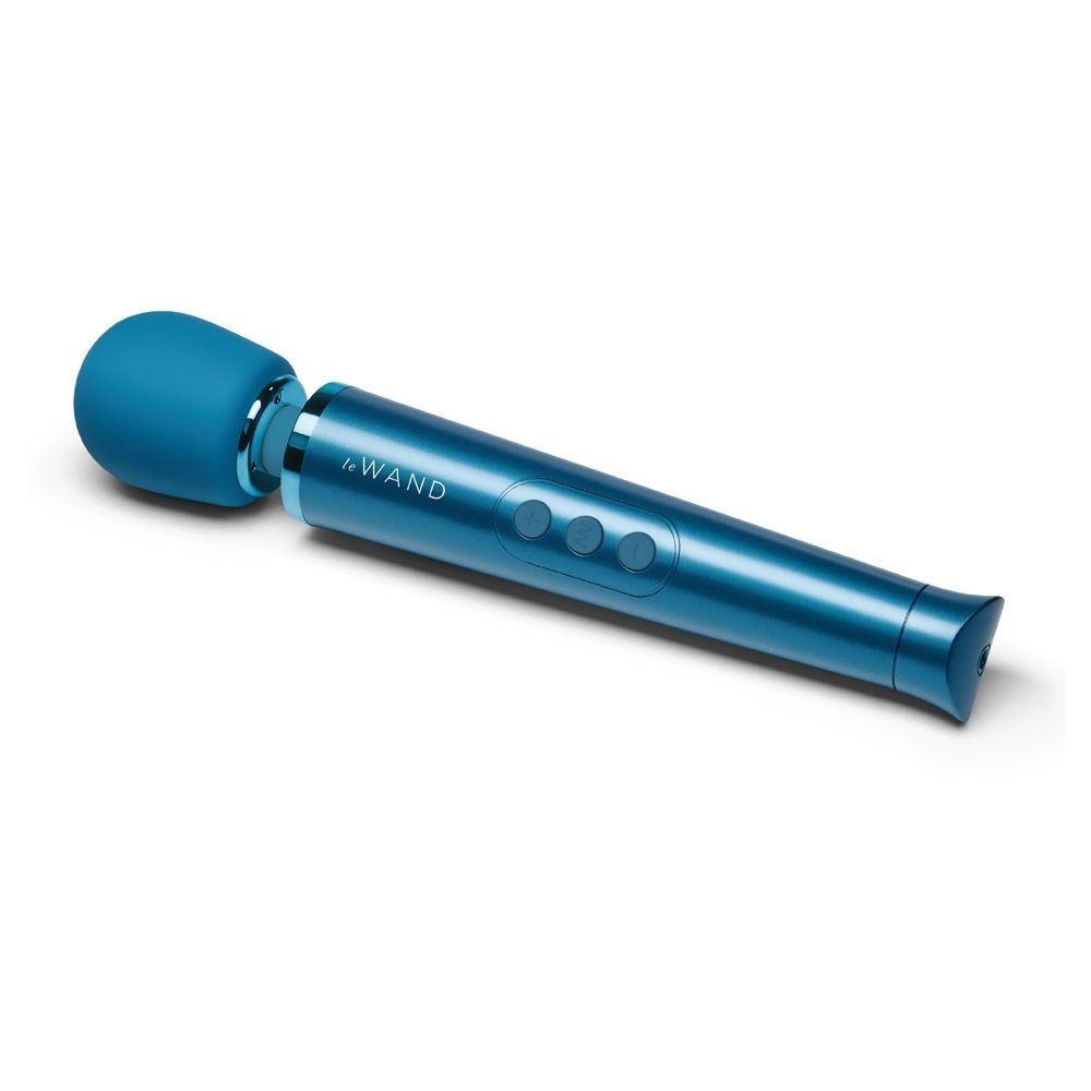 Blue handheld device with 'Le WAND' branding on a white background