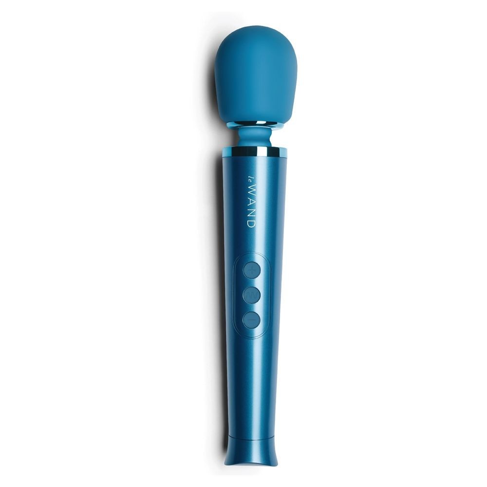 Blue handheld electronic massager on a white background