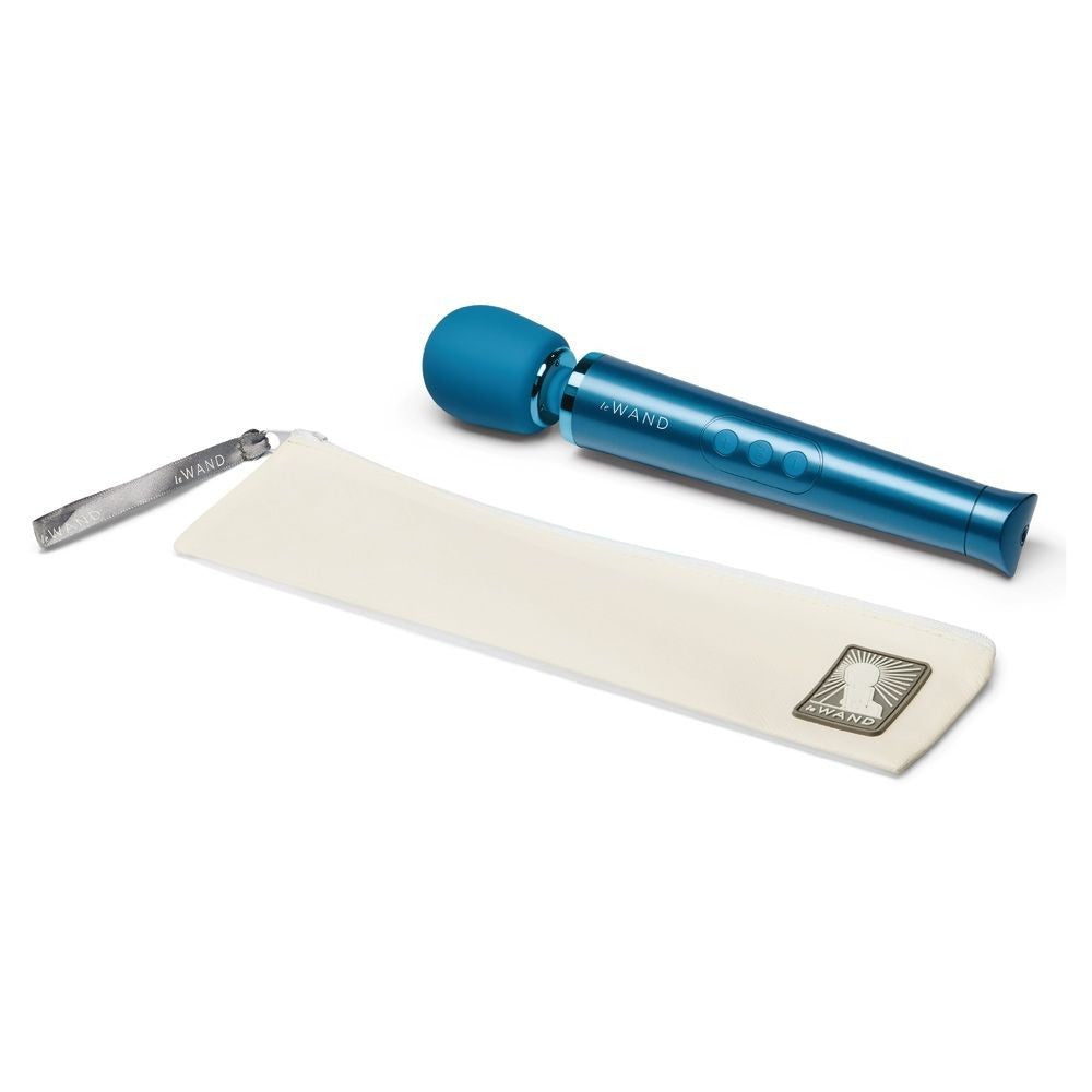Blue handheld device with a white strap on a white background
