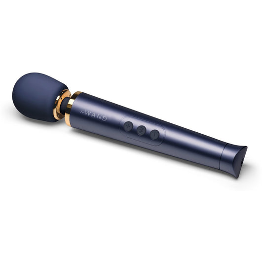 Blue and gold Le-Wand massage device on a white background