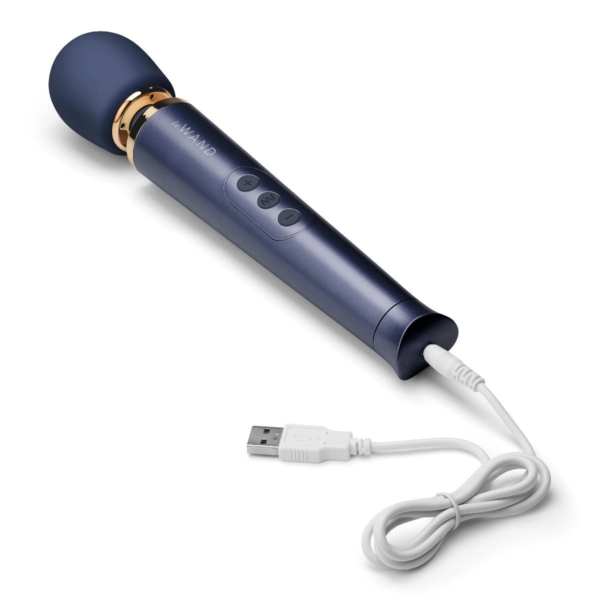 Blue handheld device with USB cable on a white background