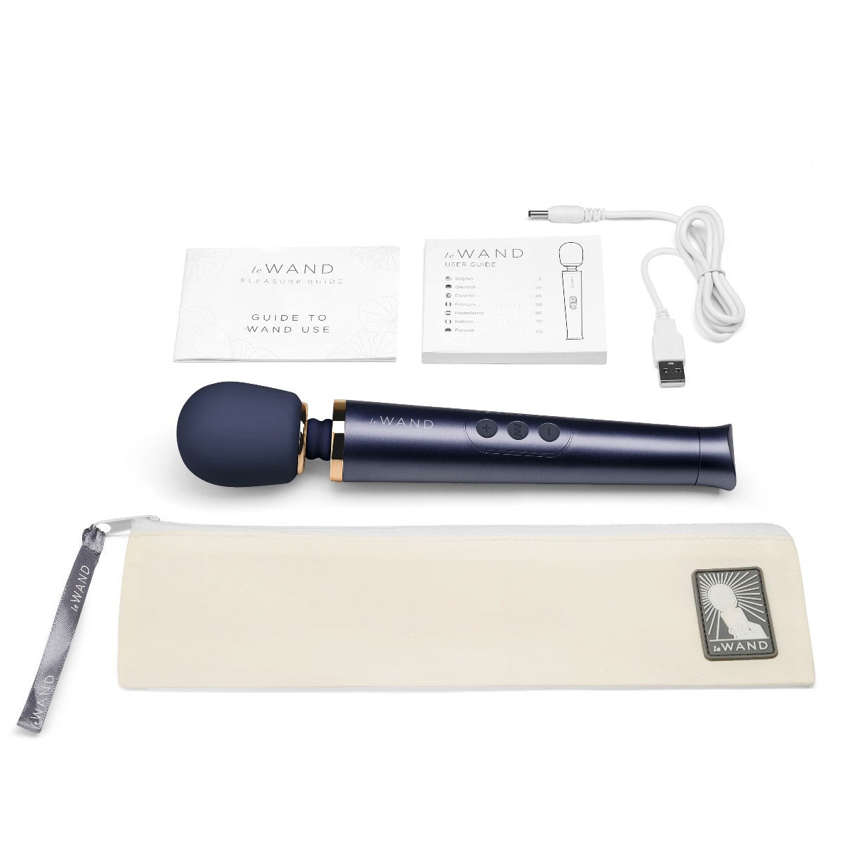 Black handheld massage device with accessories on a white background