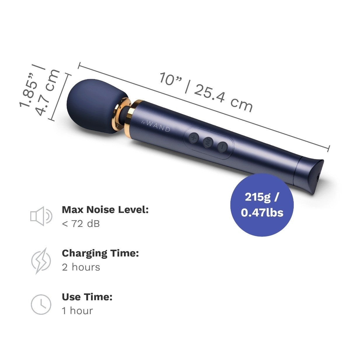 Blue handheld device with measurements and specifications on a white background
