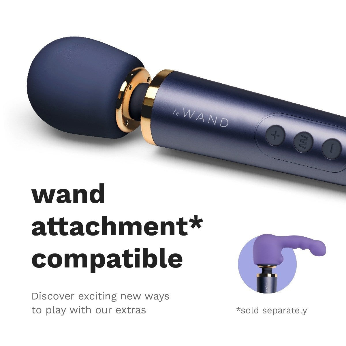 Blue and gold electronic device with 'Le Wand' branding on a white background